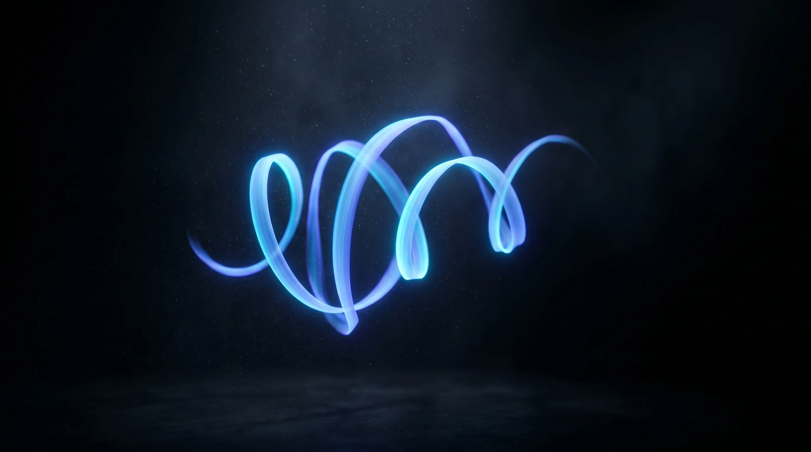 A coiled ribbon of cyan light suspended in dark space — abstract audio waveform