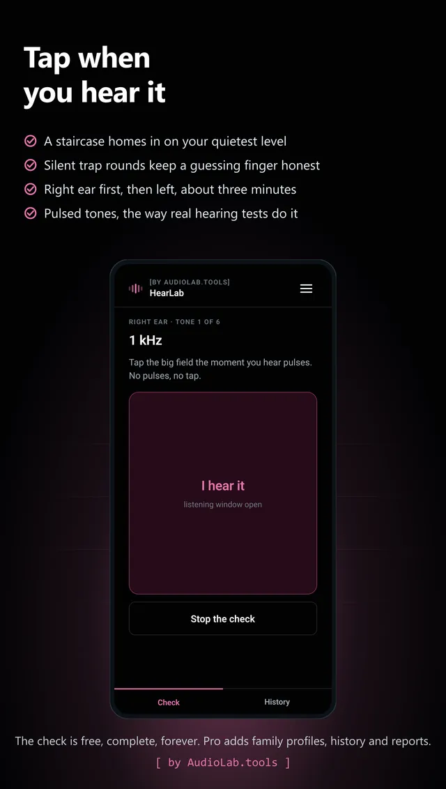 HearLab screening: tap the moment you hear pulses, ear by ear