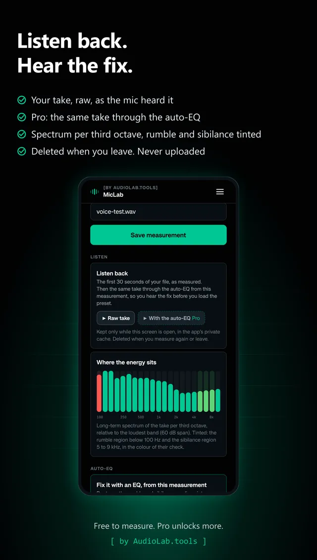MicLab listen screen: play back every take and hear what the mic did