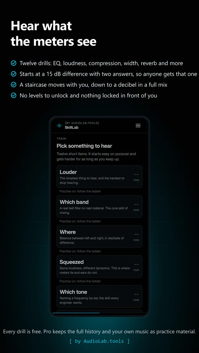 SkillLab drill picker: twelve things to hear, each with your threshold beside it