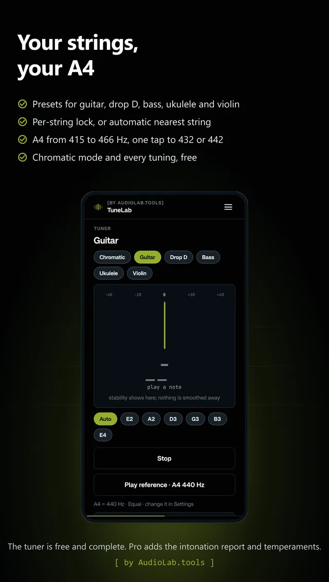 TuneLab guitar preset with per-string lock and A4 calibration